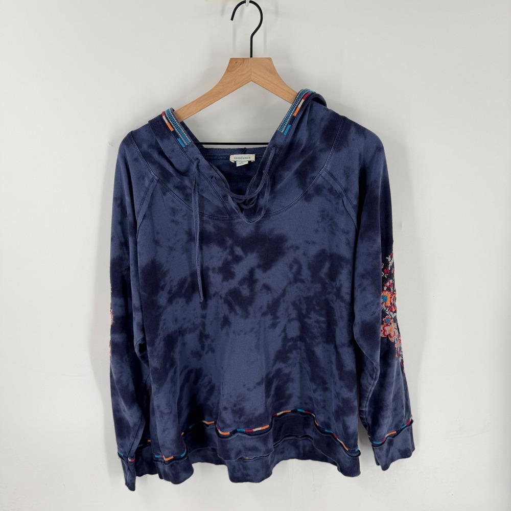 Sundance Hoodie Blue XL Tie Dye Floral Embroidered Lace Up Hoodie Boho